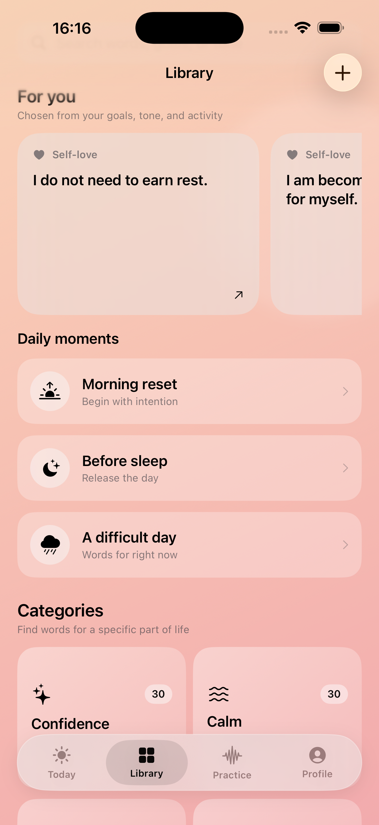 Affirmation library with recommendations and daily moments