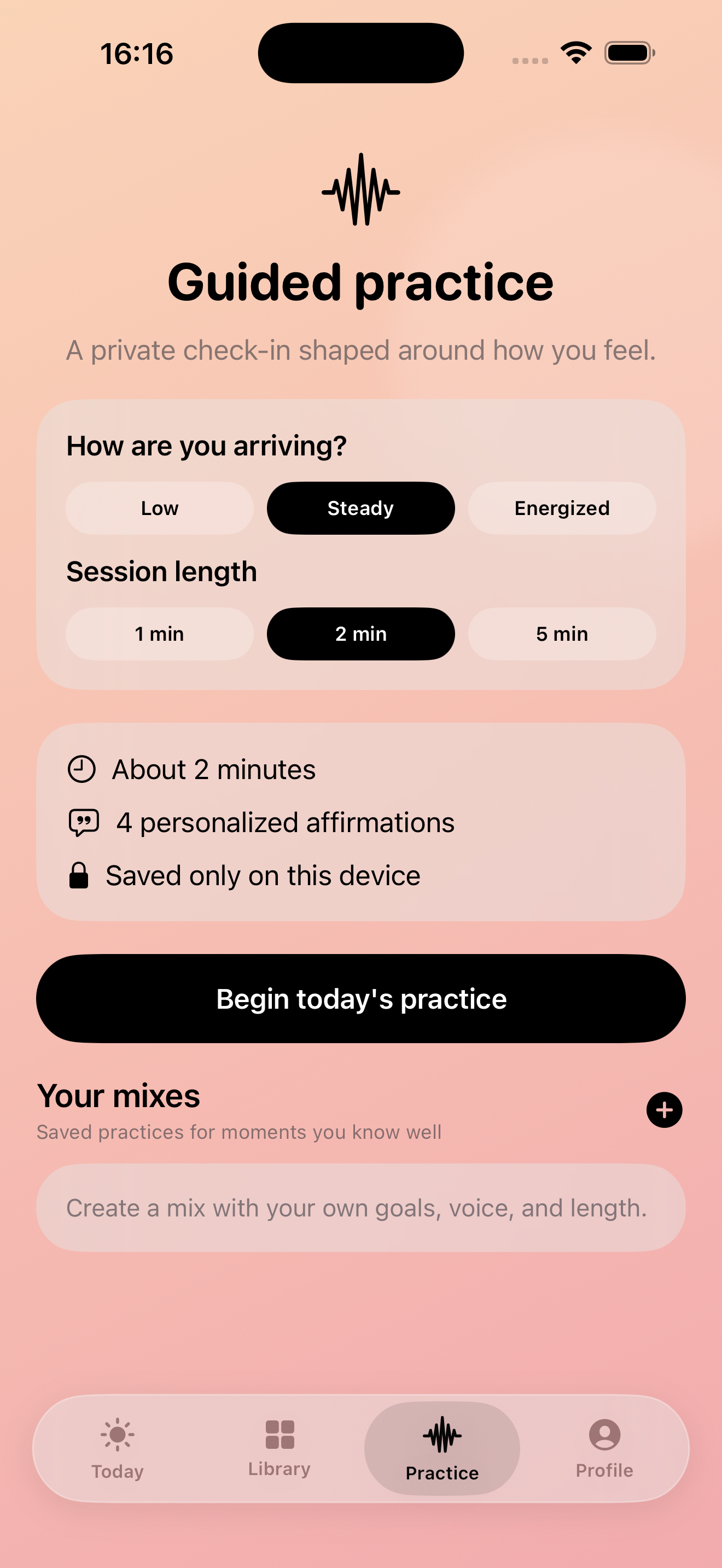 Guided practice setup with mood and session length