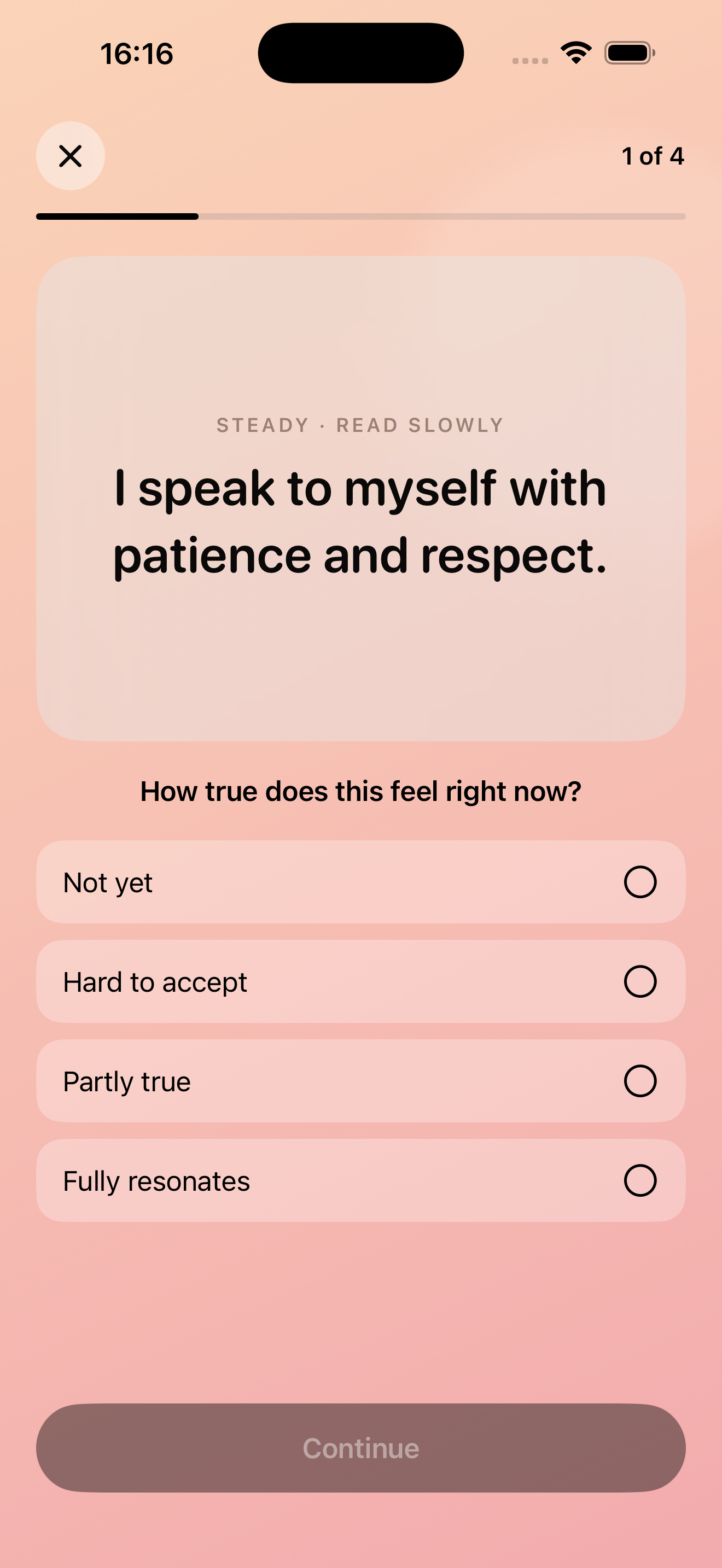Reflection screen asking how true an affirmation feels